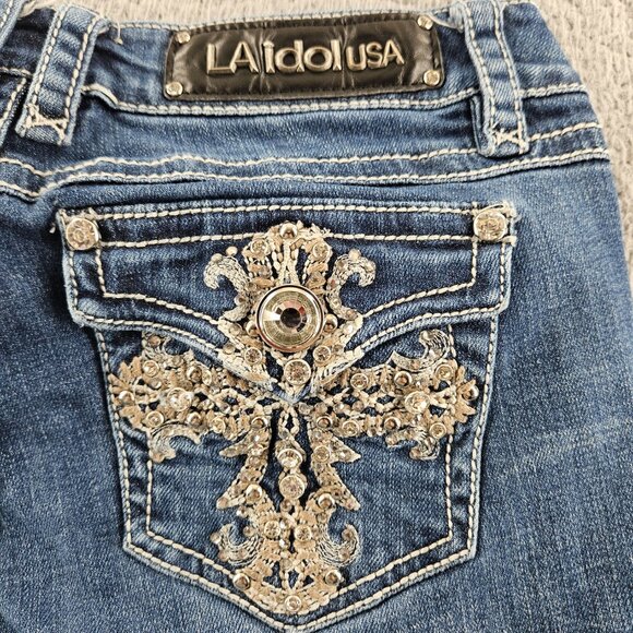 LA Idol Jeans Womens 7 (30x31) Blue Mid Rise Bootcut Rhinestones Embroidered - Picture 14 of 15